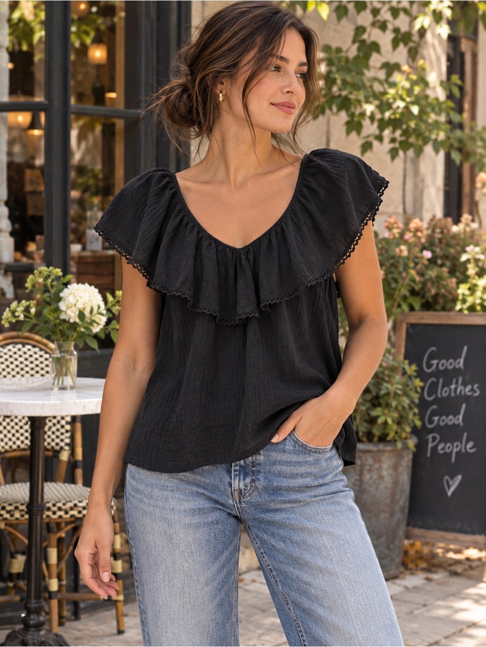 LOFT Black 100% Cotton Ruffle Flutter Sleeve Blouse Crochet Trim M